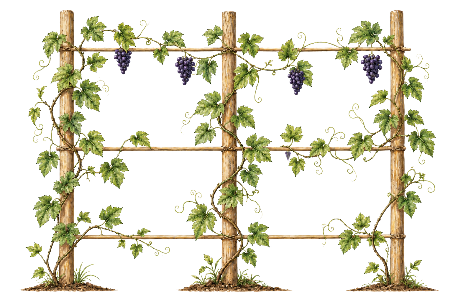 A grapevine growing across a trellis with three wooden posts and three horizontal supports, bearing grapes near the upper support